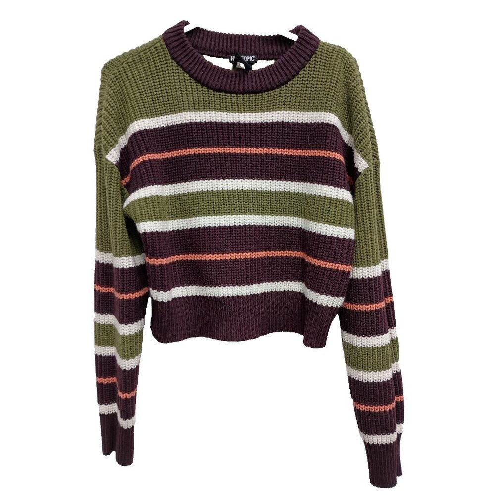 Y2K Hottopic Cropped Sweater‎ Womens Large Multi Striped BOHO Grunge Pullover